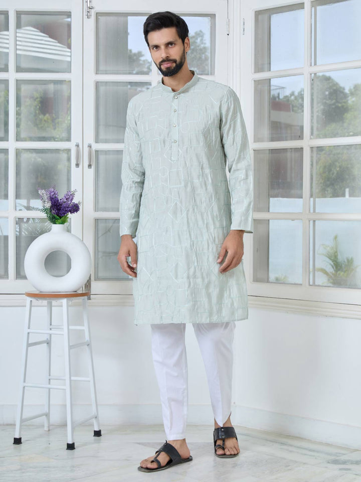 Gray Geometric Embroidered Thread Work Mandarin Collar Straight Kurta with Pyjama with Pyjama