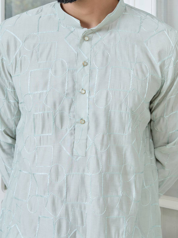 Gray Geometric Embroidered Thread Work Mandarin Collar Straight Kurta with Pyjama with Pyjama
