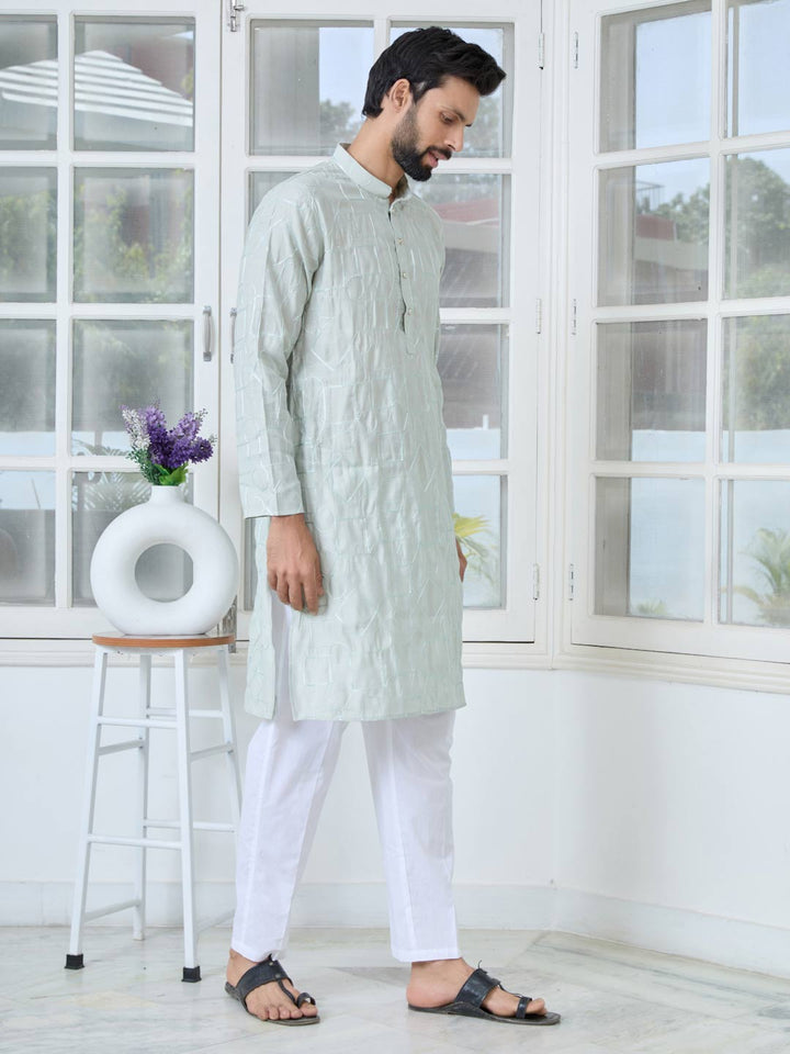 Gray Geometric Embroidered Thread Work Mandarin Collar Straight Kurta with Pyjama with Pyjama