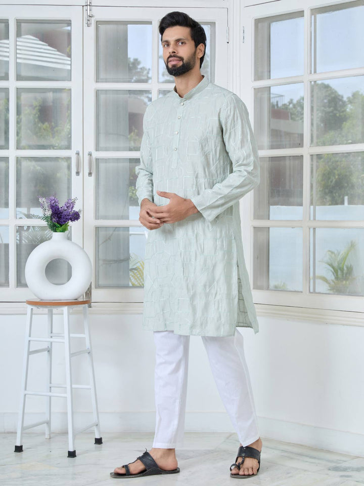 Gray Geometric Embroidered Thread Work Mandarin Collar Straight Kurta with Pyjama with Pyjama