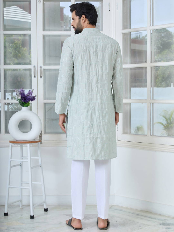 Gray Geometric Embroidered Thread Work Mandarin Collar Straight Kurta with Pyjama with Pyjama
