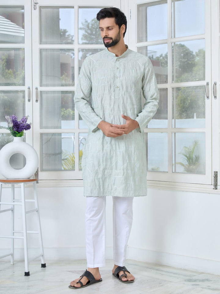 Gray Geometric Embroidered Thread Work Mandarin Collar Straight Kurta with Pyjama with Pyjama