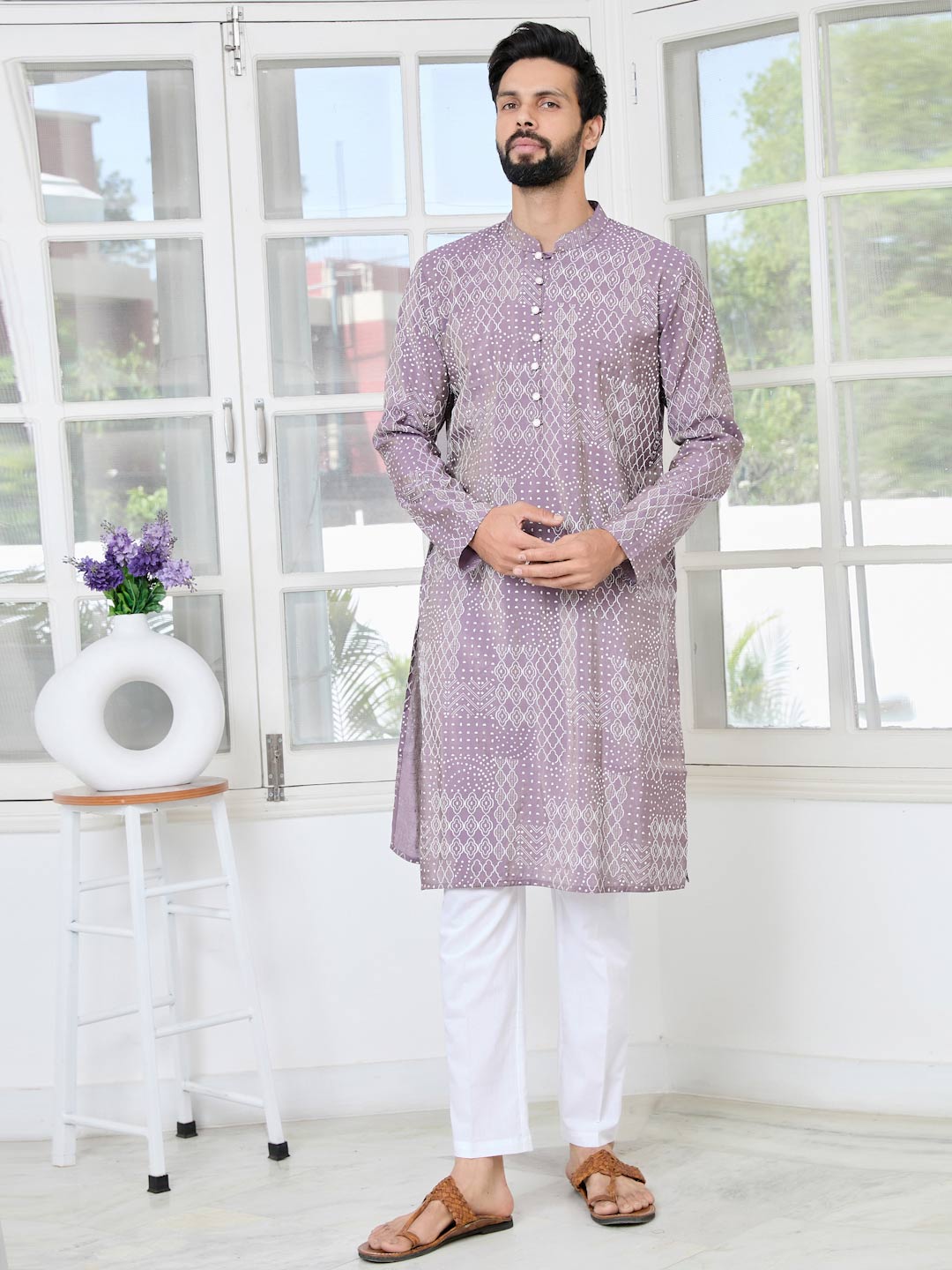 Purple Embossed Printed and Foil Printed Straight Kurta