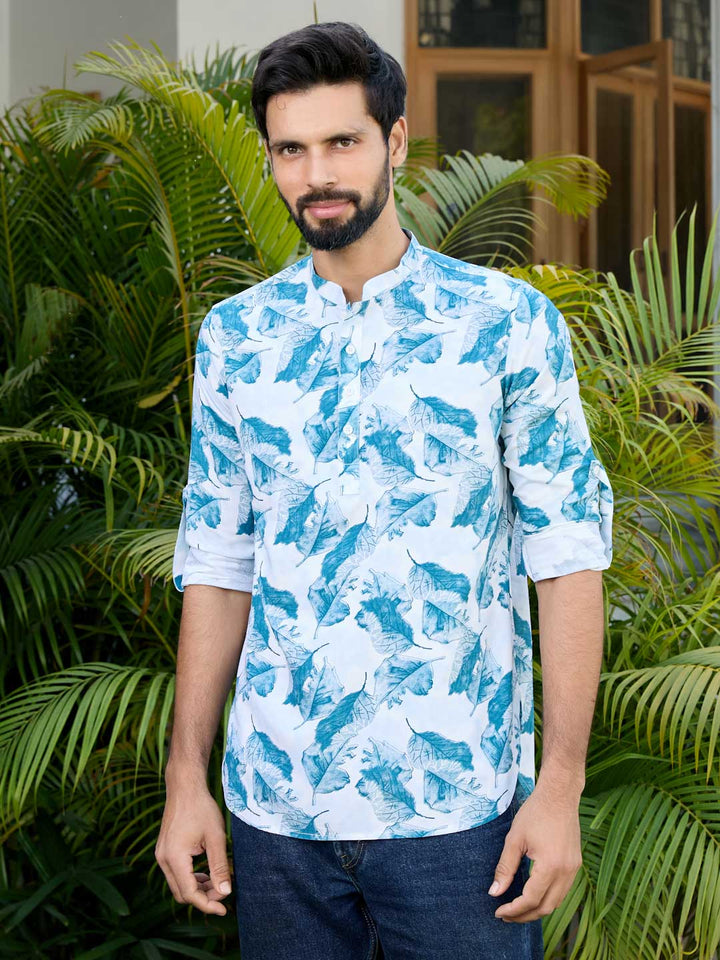 Blue Tropical Printed Rayon Short Kurta