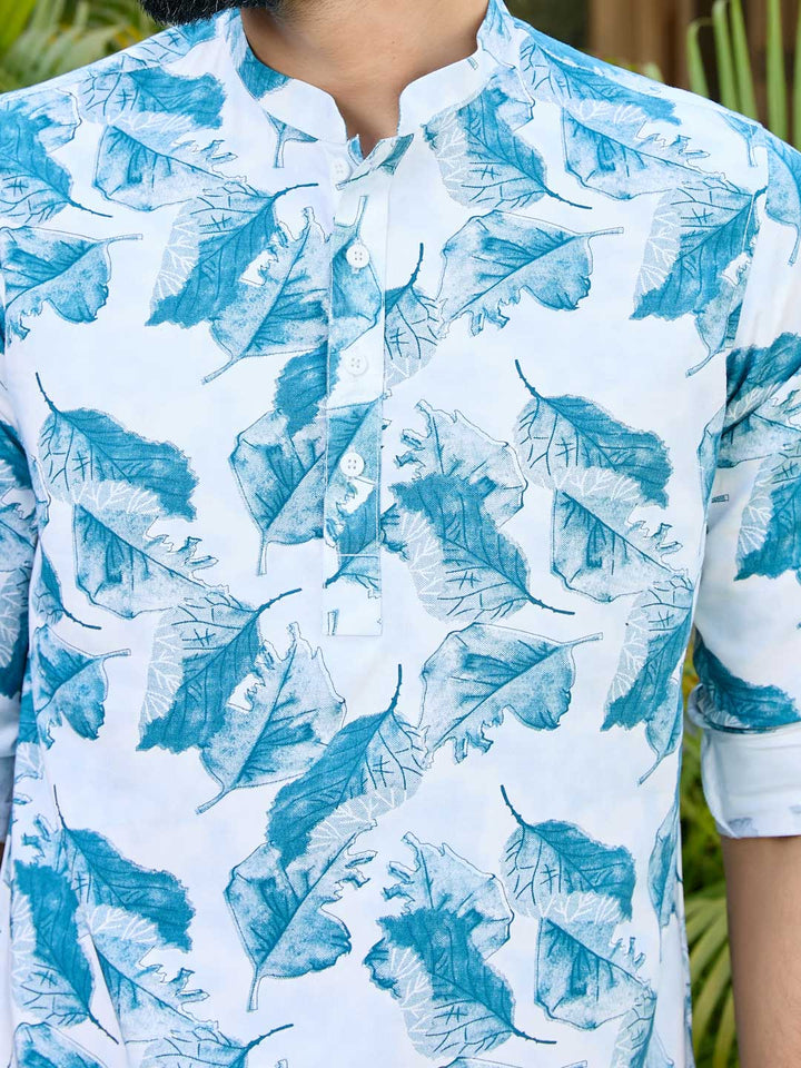 Blue Tropical Printed Rayon Short Kurta