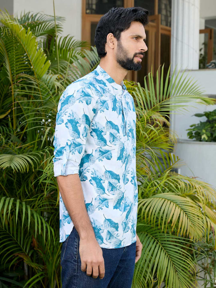 Blue Tropical Printed Rayon Short Kurta