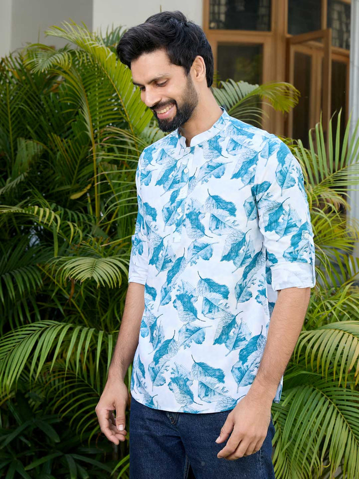 Blue Tropical Printed Rayon Short Kurta