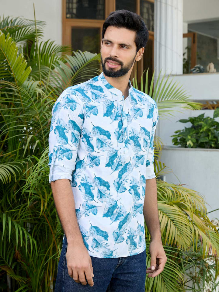 Blue Tropical Printed Rayon Short Kurta