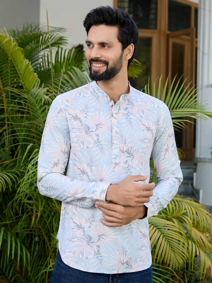 Blue-Pink Tropical Printed Rayon Short Kurta