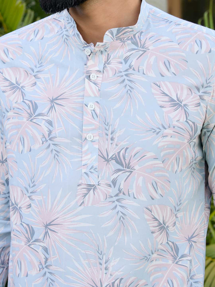 Blue-Pink Tropical Printed Rayon Short Kurta