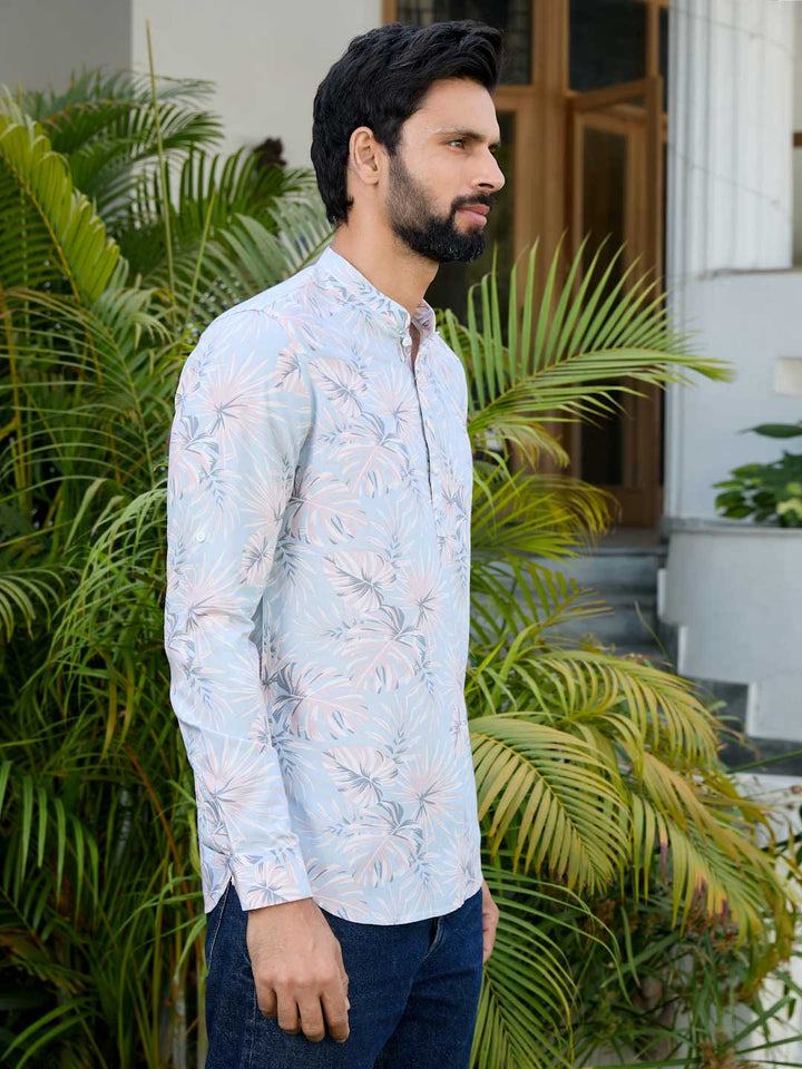 Blue-Pink Tropical Printed Rayon Short Kurta