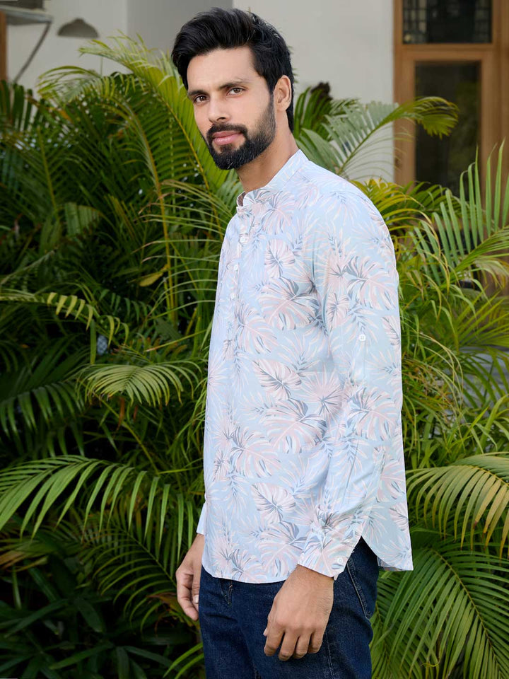 Blue-Pink Tropical Printed Rayon Short Kurta