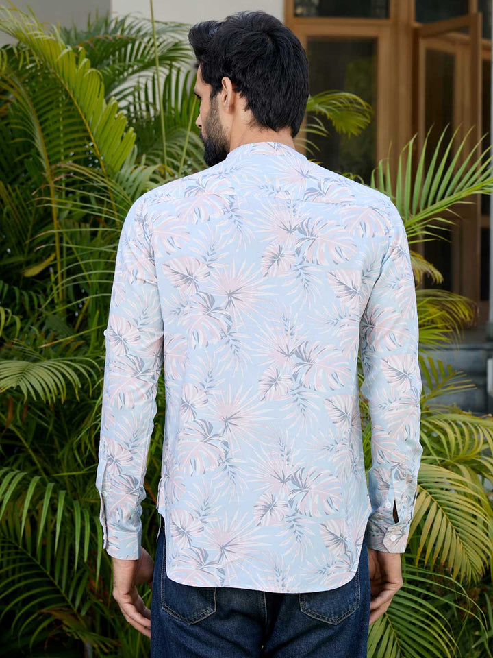 Blue-Pink Tropical Printed Rayon Short Kurta