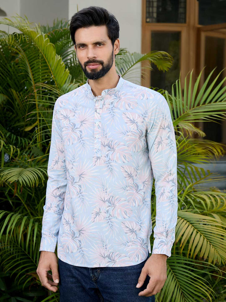 Blue-Pink Tropical Printed Rayon Short Kurta