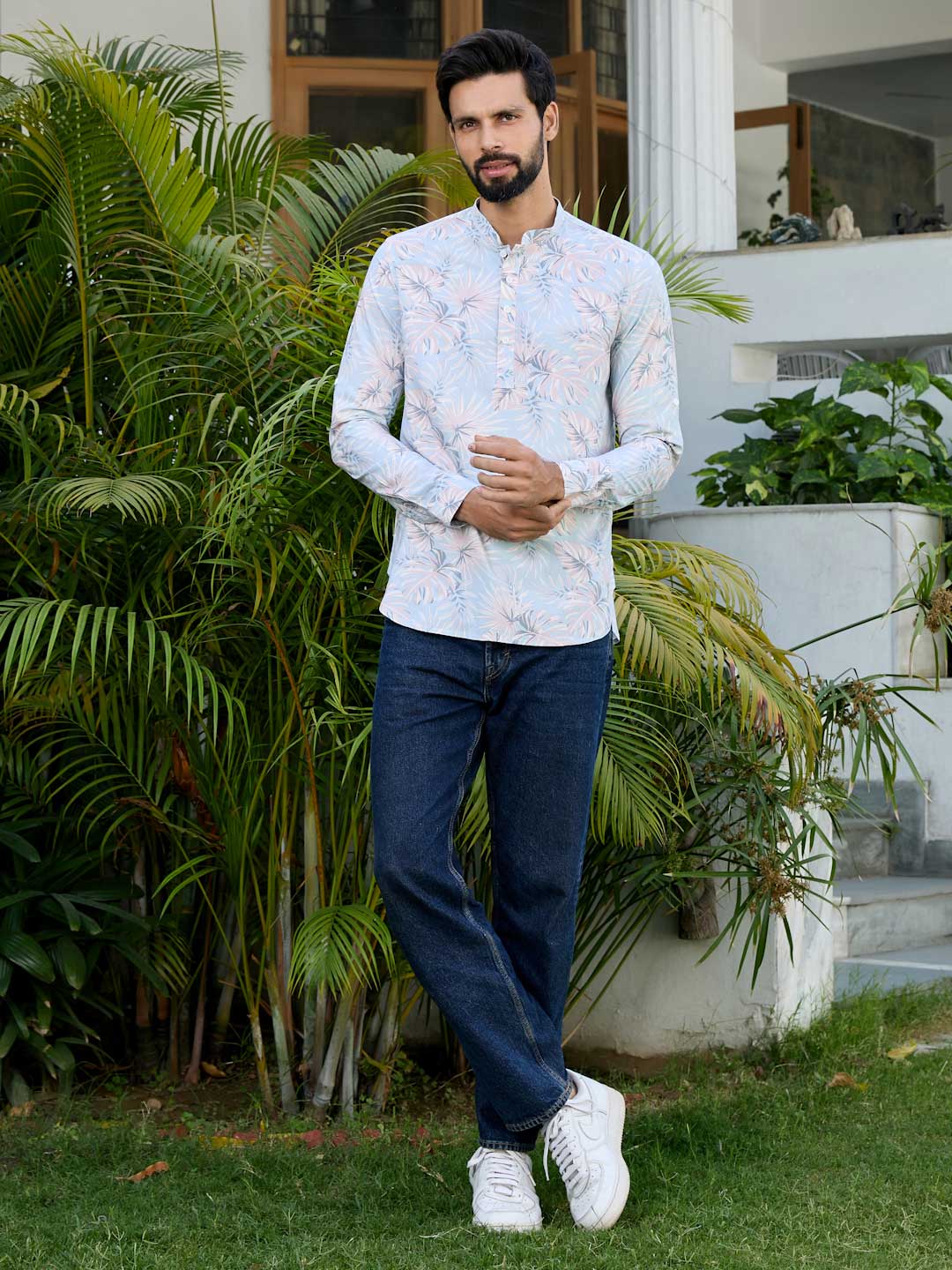 Blue-Pink Tropical Printed Rayon Short Kurta