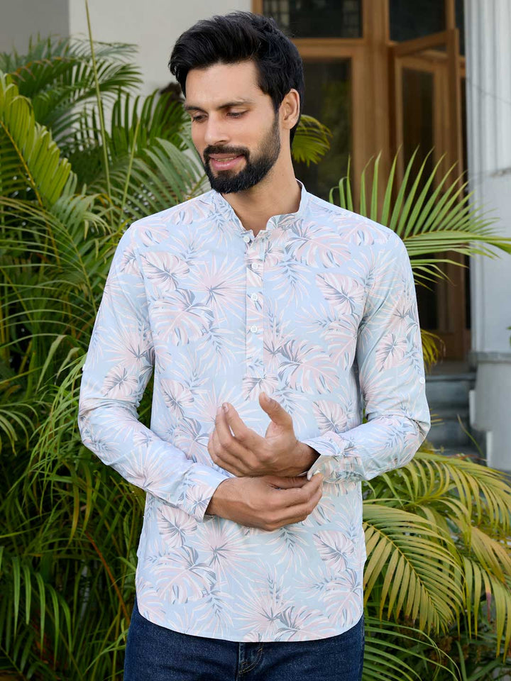Blue-Pink Tropical Printed Rayon Short Kurta