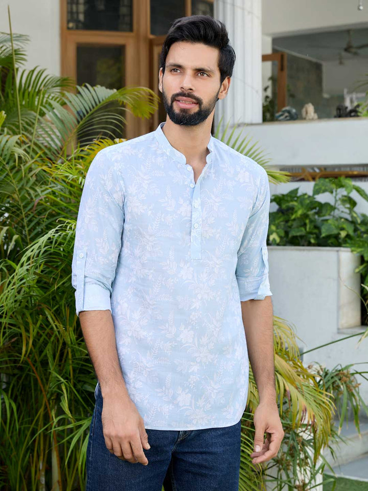 Light Blue Tropical Printed Rayon Short Kurta