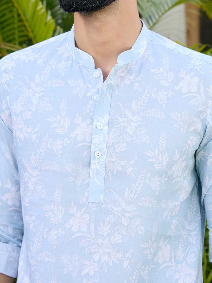 Light Blue Tropical Printed Rayon Short Kurta