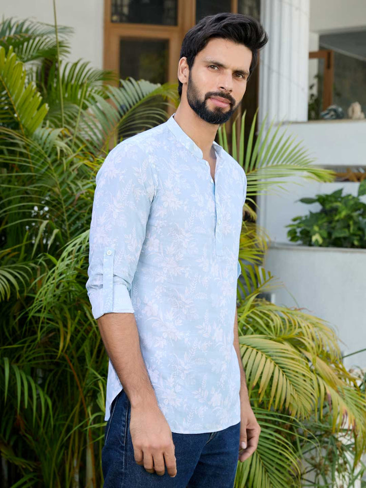 Light Blue Tropical Printed Rayon Short Kurta