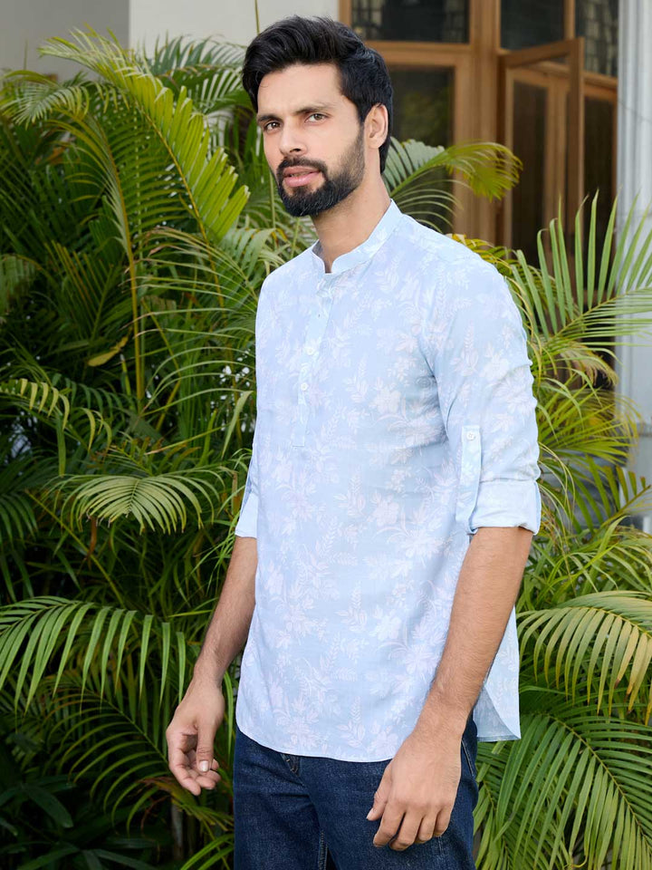 Light Blue Tropical Printed Rayon Short Kurta