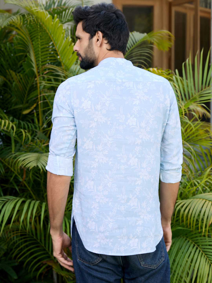 Light Blue Tropical Printed Rayon Short Kurta