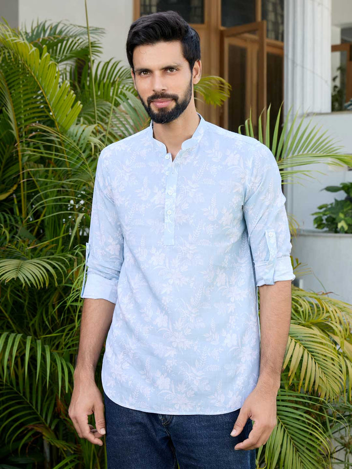 Light Blue Tropical Printed Rayon Short Kurta