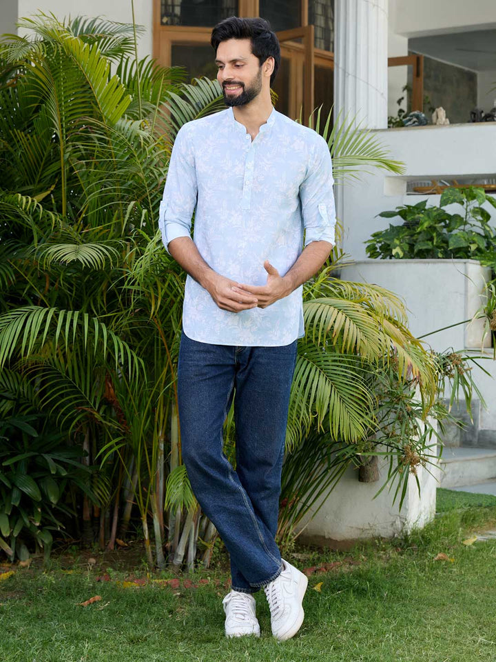 Light Blue Tropical Printed Rayon Short Kurta