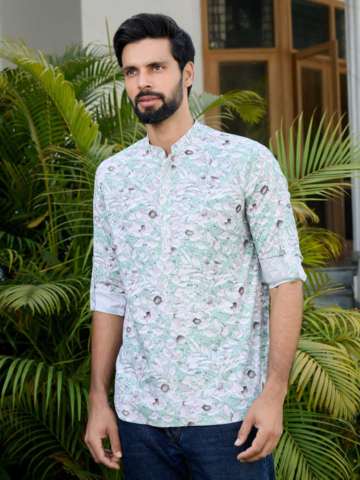 Green Tropical Printed Rayon Short Kurta