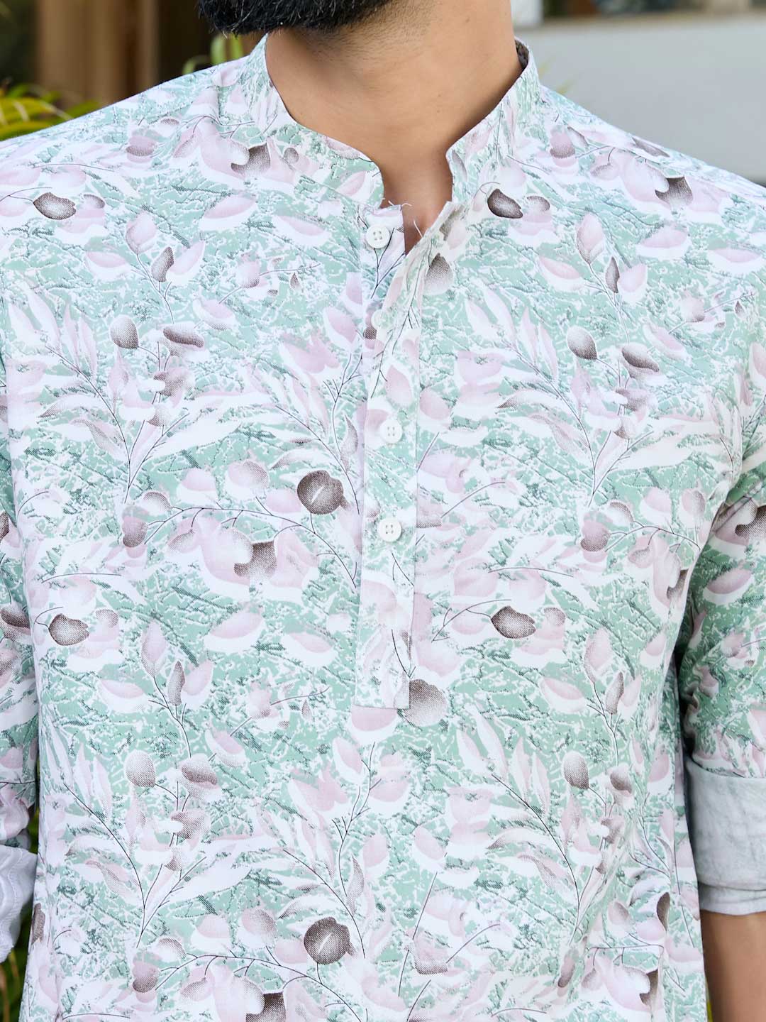 Green Tropical Printed Rayon Short Kurta