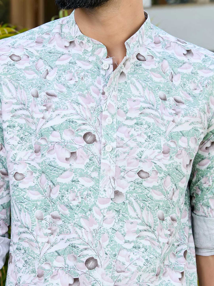 Green Tropical Printed Rayon Short Kurta