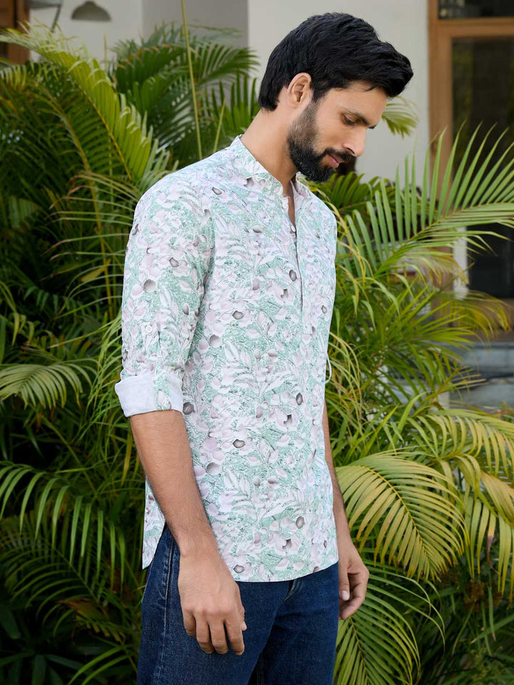 Green Tropical Printed Rayon Short Kurta
