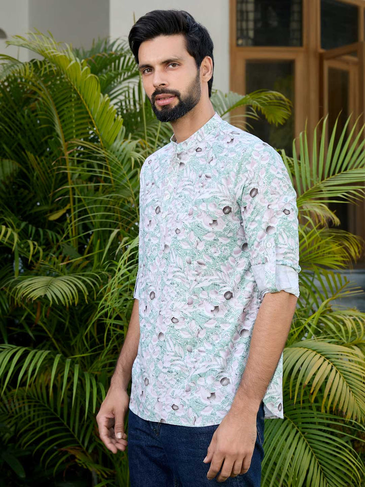 Green Tropical Printed Rayon Short Kurta
