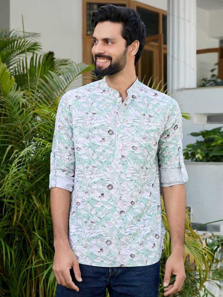Green Tropical Printed Rayon Short Kurta
