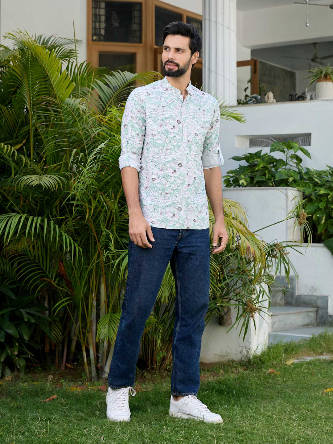 Green Tropical Printed Rayon Short Kurta