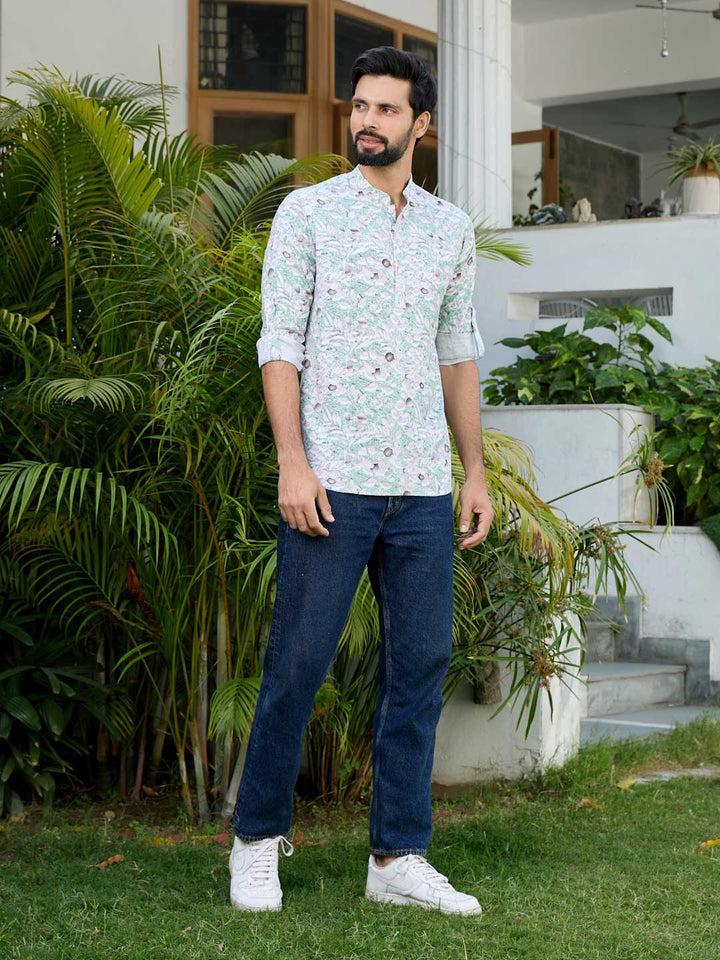 Green Tropical Printed Rayon Short Kurta