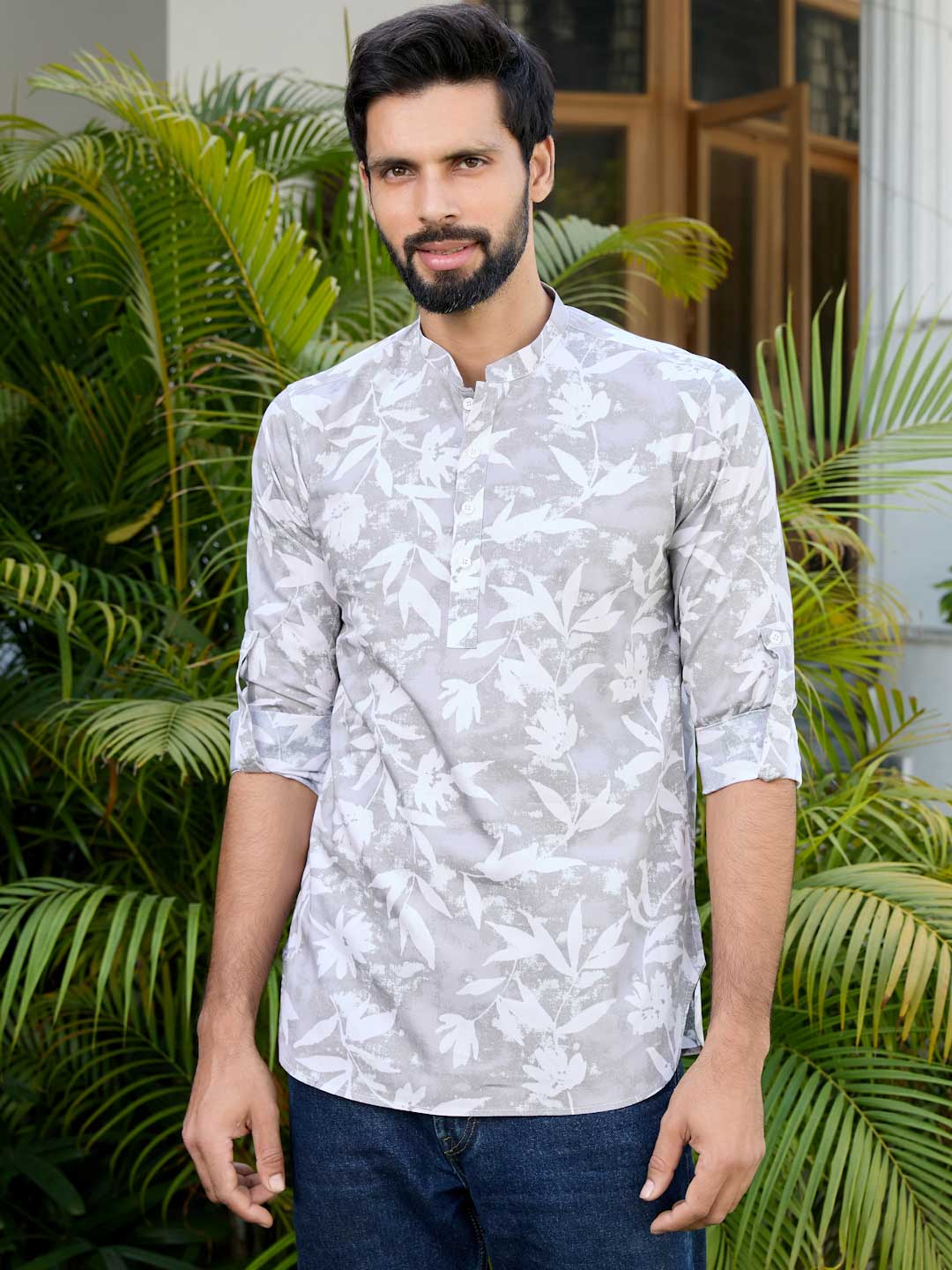 Light Gray Tropical Printed Rayon Short Kurta
