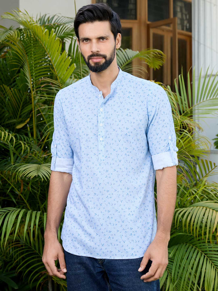Blue Printed Rayon Short Kurta