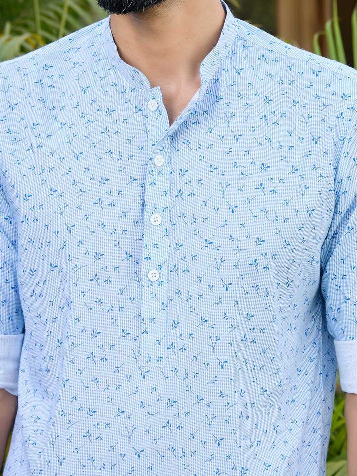 Blue Printed Rayon Short Kurta
