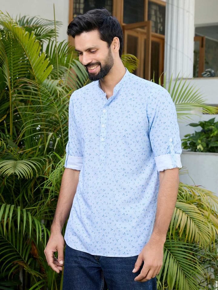 Blue Printed Rayon Short Kurta
