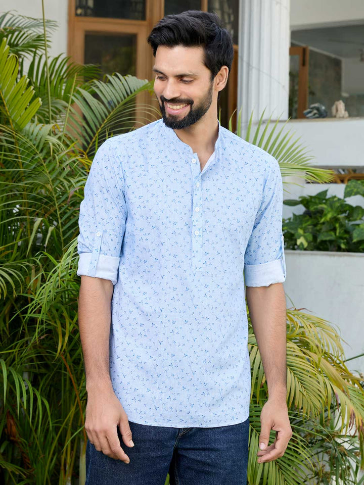 Blue Printed Rayon Short Kurta