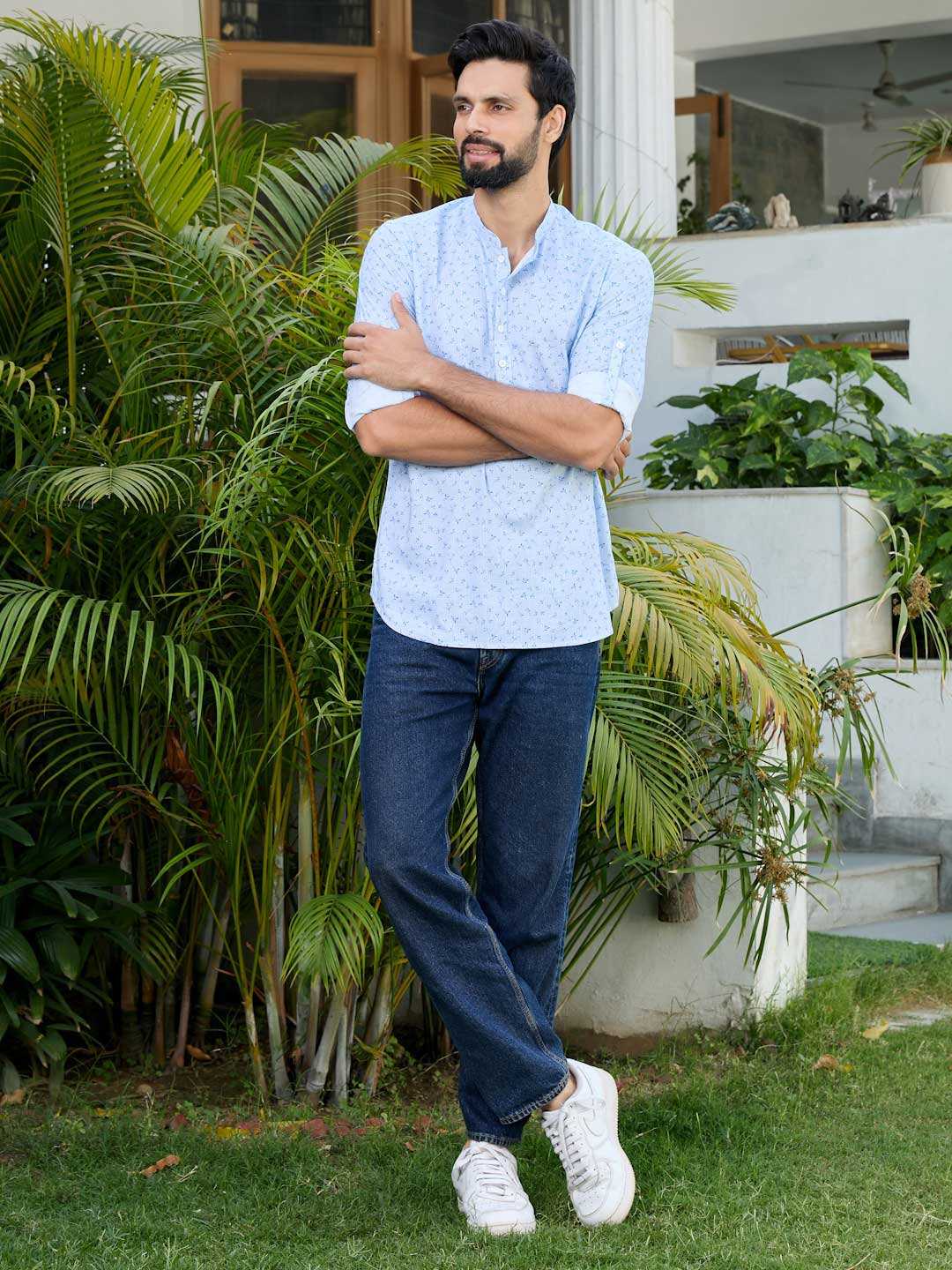 Blue Printed Rayon Short Kurta