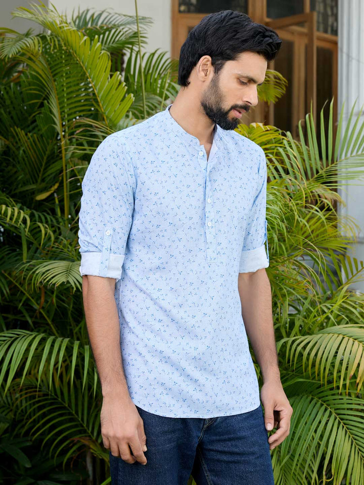 Blue Printed Rayon Short Kurta