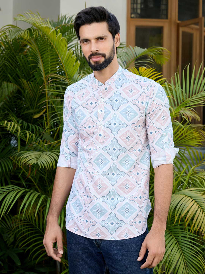 Peach-Green Geometric Printed Rayon Short Kurta