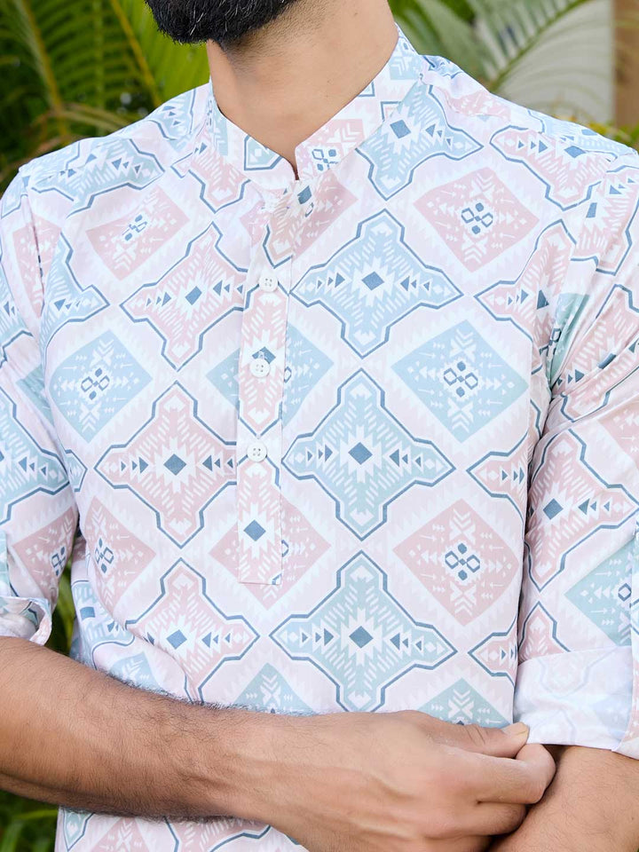 Peach-Green Geometric Printed Rayon Short Kurta