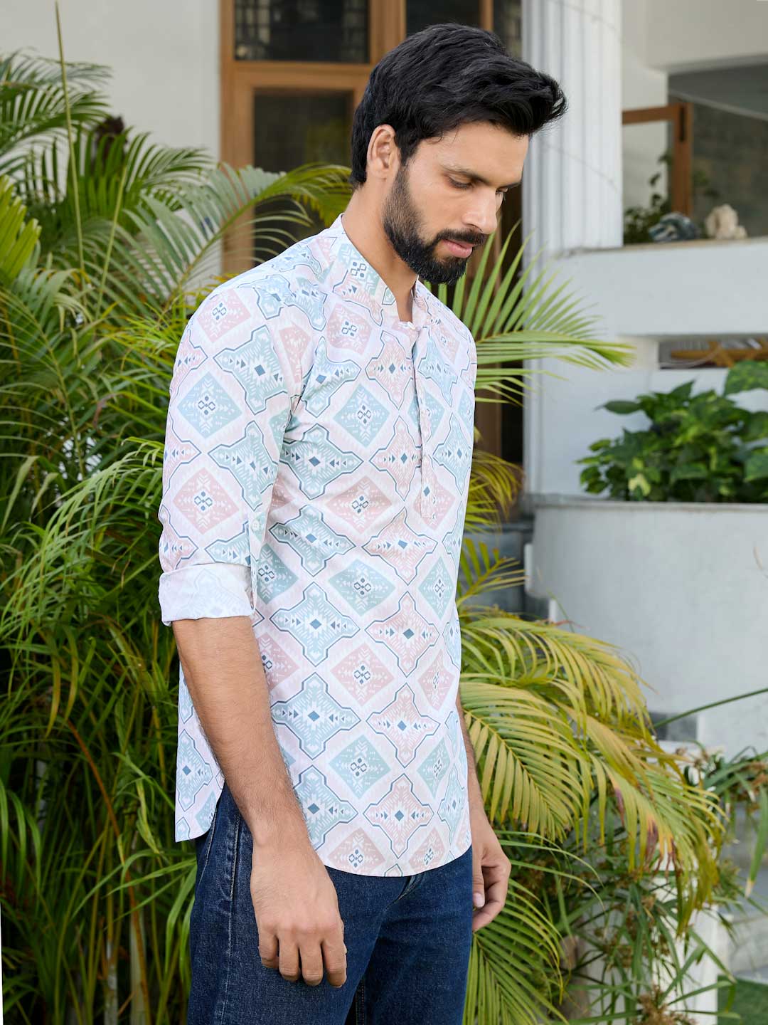 Peach-Green Geometric Printed Rayon Short Kurta