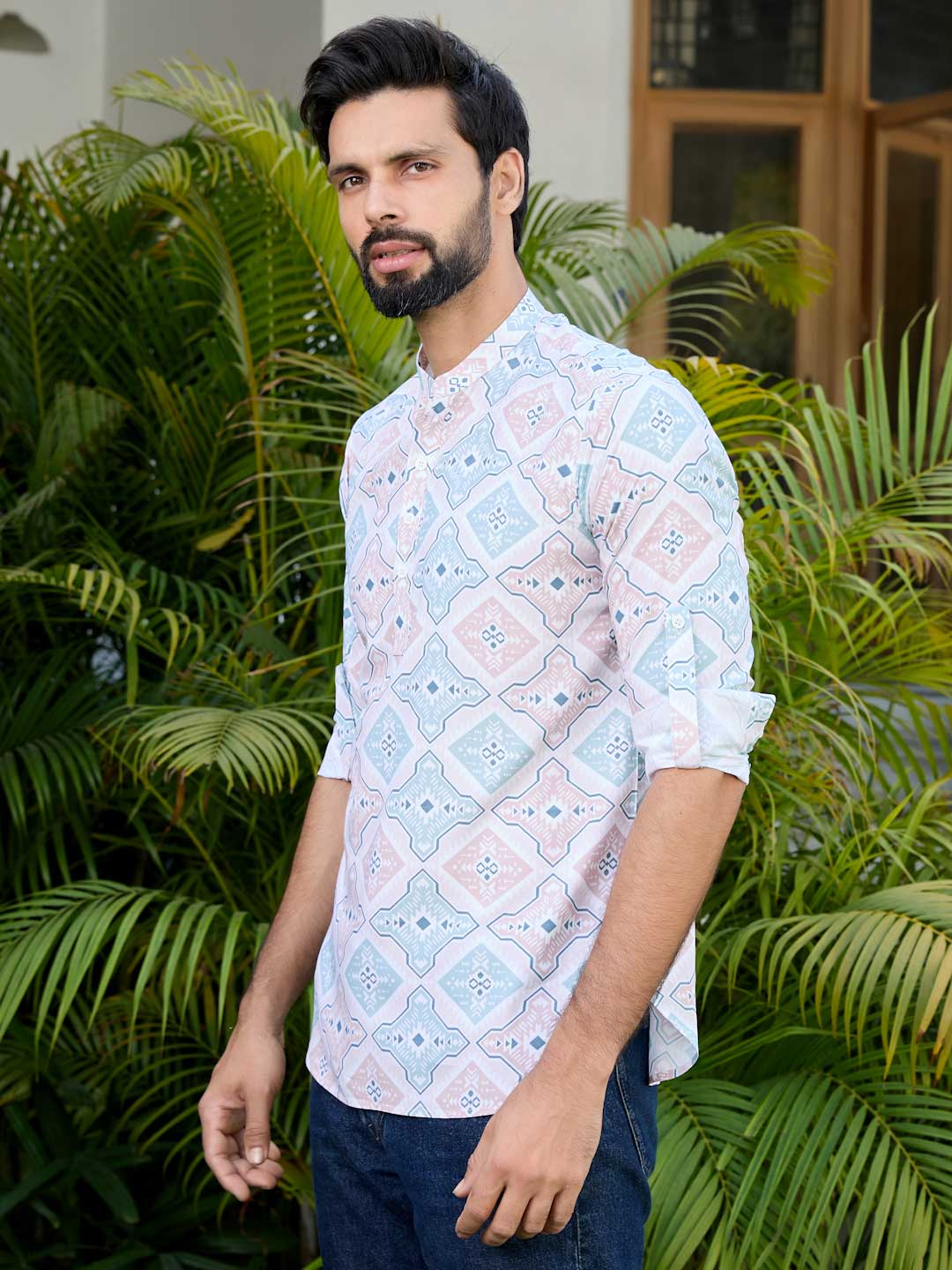 Peach-Green Geometric Printed Rayon Short Kurta