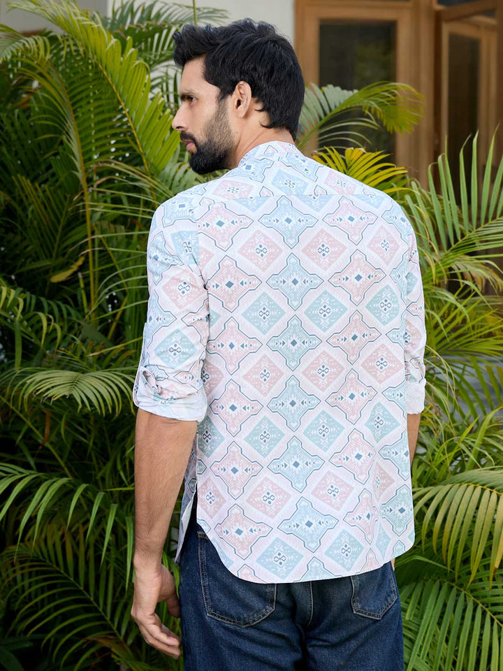 Peach-Green Geometric Printed Rayon Short Kurta