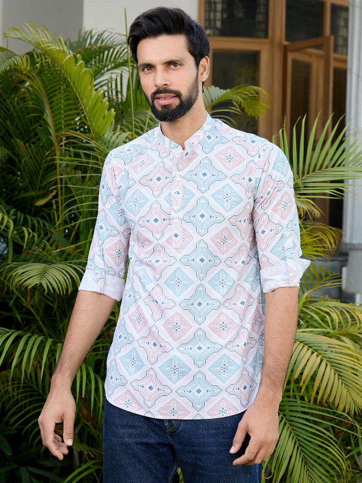 Peach-Green Geometric Printed Rayon Short Kurta