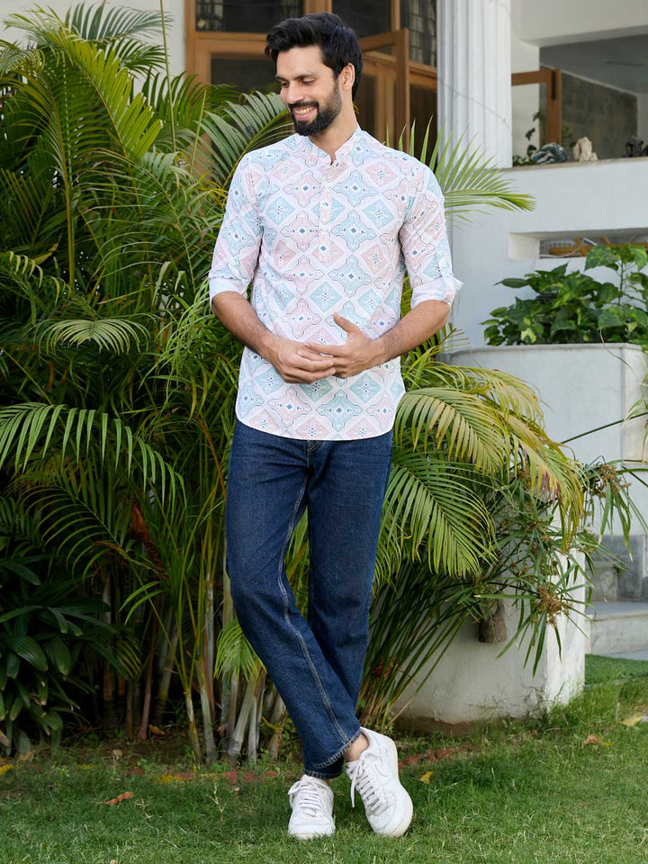 Peach-Green Geometric Printed Rayon Short Kurta