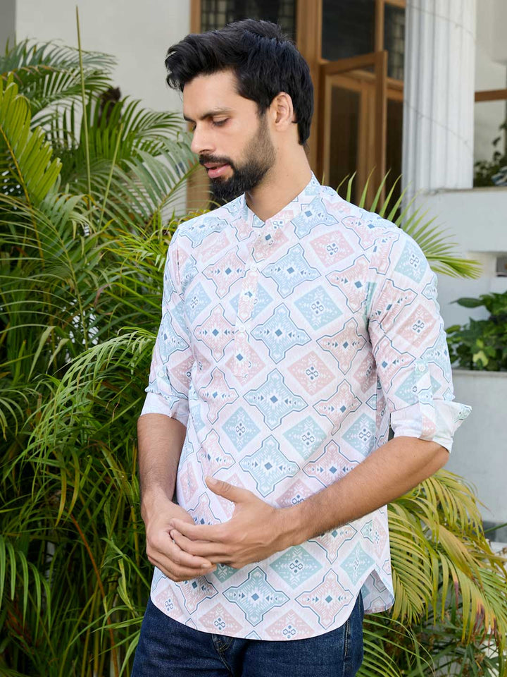 Peach-Green Geometric Printed Rayon Short Kurta